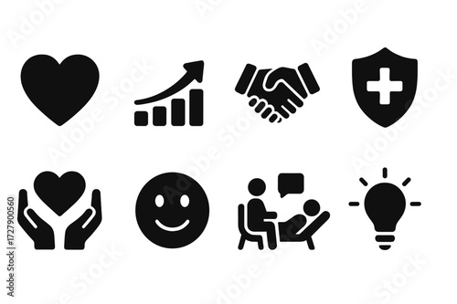 Wellness Icon Set. Solid, filled icon set of personal recovery: heart, rising graph, handshake, shield with plus, hands holding heart, happy face, therapy