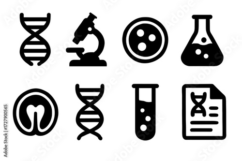 Seed Science Icons. Solid, filled icon set of seed science: DNA helix, microscope, petri dish, lab flask, plant cross-section, genetics, test tube, research