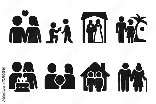 Relationship Milestones Icons. Solid, filled icon set of couple relationship stages: dating, engagement, wedding, honeymoon, anniversary, family planning,