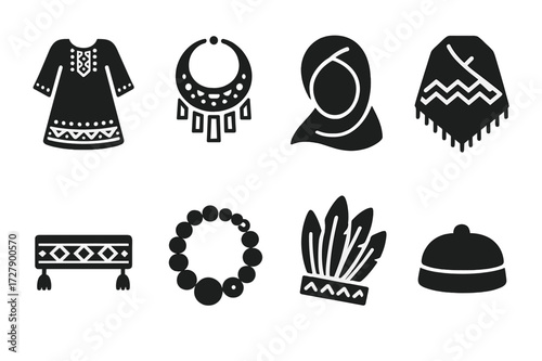 Ethnic Clothing Icons. Solid, filled icon set of ethnic clothing: embroidered dress, tribal necklace, headscarf, patterned shawl, woven belt, beaded bracelet,