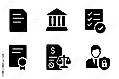Regulatory Compliance Icons. Solid, filled icon set of regulatory compliance: legal document, regulatory building, compliance checklist, audit seal,