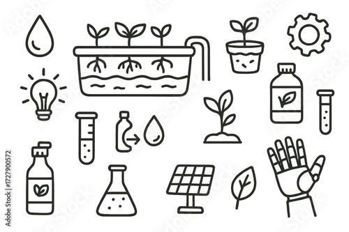 Hydroponics System Doodle. Hand-drawn doodle illustration hydroponics system water droplet, tube, plant roots, tray, seedling, container, nutrient bottle, test