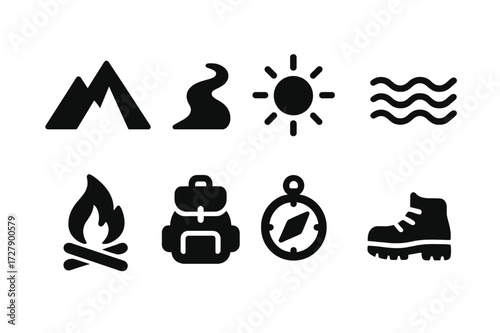 Outdoor Adventure Icons. Solid, filled icon set of outdoor stamina: mountain, trail, sun, water stream, campfire, backpack, compass, hiking boots. [Solid,