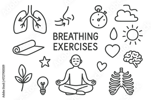 Breathing Exercise Doodle. Hand-drawn doodle illustration Breathing exercises lungs, nose, stopwatch, arrows of airflow, yoga mat, meditation figure, star,