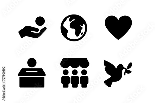 Billionaire Philanthropy Icons. Solid, filled icon set of billionaire philanthropy: charity donation, globe, helping hands, heart symbol, donation box,