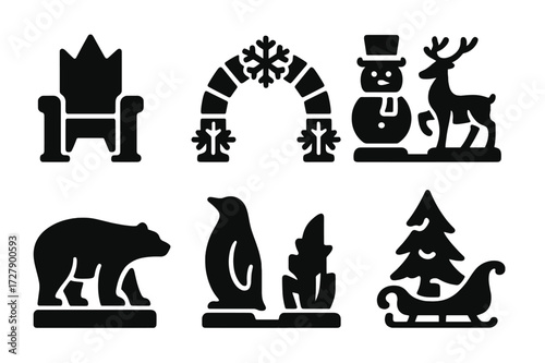 Winter Sculptures Icons. Solid, filled icon set of winter event sculptures: ice throne, snowflake arch, snowman sculpture, frozen deer, ice bear, penguin