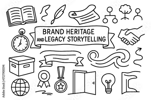 Heritage Storytelling Icons. Hand-drawn doodle illustration Brand heritage and legacy storytelling old book, quill, scroll, family tree, vintage clock,
