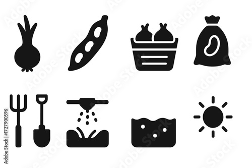 Onion and Bean Icons. Solid, filled icon set of onion and bean farming: onion plant, bean pod, onion harvest basket, bean sack, farming tools, irrigation