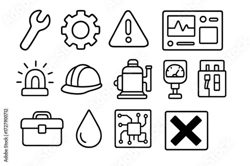 Industrial Maintenance Icons. Hand-drawn doodle illustration industrial maintenance alerts factory icon, wrench, gear, warning triangle, control panel,