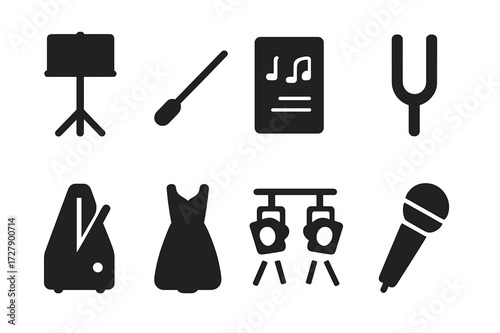Orchestra Icon Set. Solid, filled icon set of orchestra accessories: music stand, baton, sheet music, tuning fork, metronome, concert dress, stage lights,