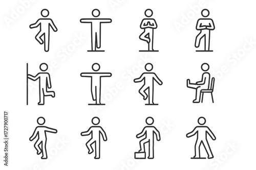 Balance Exercise Icons. Balance exercises. Line icon set of balance exercises: standing on one leg, heel-to-toe walk, tree pose, side leg lift, wall support
