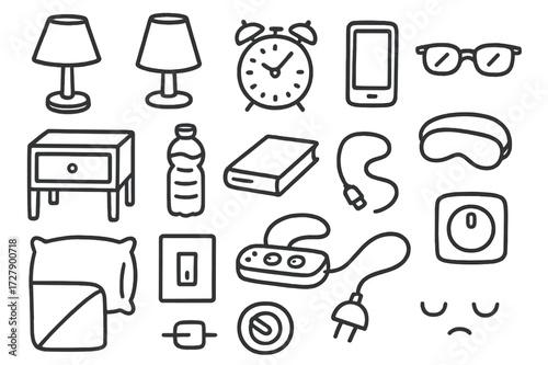 Bedside Essentials Doodles. Hand-drawn doodle illustration [Bedside lamps] [bedside table, small lamp, alarm clock, phone, glasses, water bottle, book,
