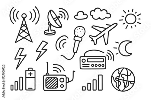 Radio Communication Icons. Hand-drawn doodle illustration Radio transmission radio tower, satellite dish, antenna, sound waves, microphone, lightning bolt,