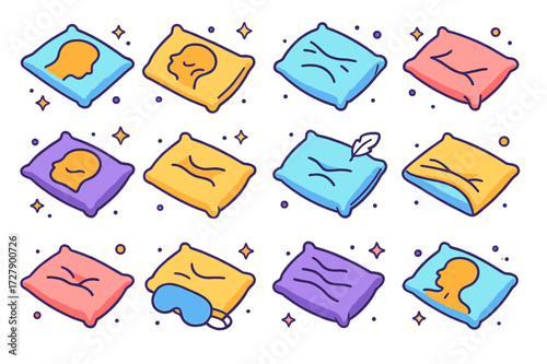 Colorful Pillow Icons. Colorful isometric vector icons set of pillow with an imprint of a person?s head: memory foam pillow, visible head imprint, wrinkled
