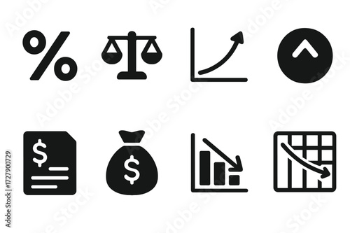 Loan Interest Icons. Solid, filled icon set of loan interest: percentage sign, rate scale, compounding graph, APR icon, interest arrow, fee document, loan