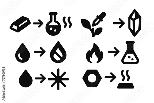 Alchemical Transformation Icons. Solid, filled icon set of alchemical changes: lead to gold, potion to vapor, plant to extract, stone to crystal, liquid to