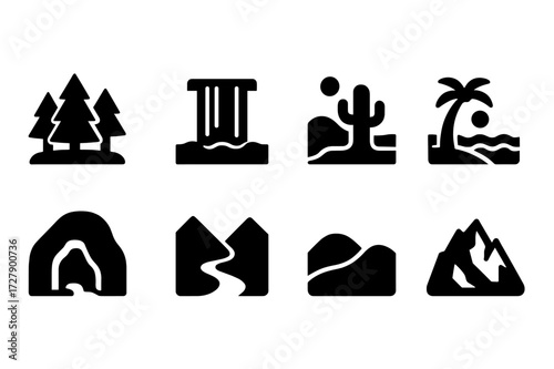 Nature Icons Collection. Solid, filled icon set of natural landscapes: forest, waterfall, desert, beach, cave, valley, hill, glacier. [Line icons in only black