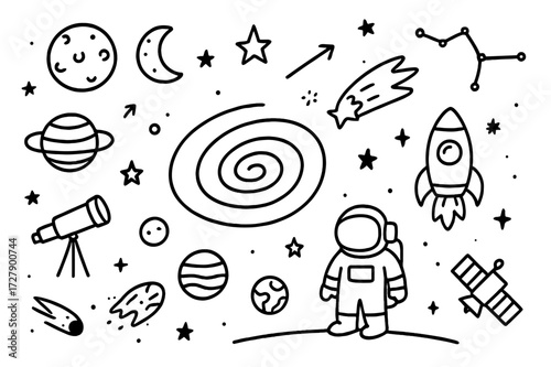 Galaxy Swirl Doodle. Hand-drawn doodle illustration Universe alignment galaxy swirl, planets, orbit rings, moon, stars, constellation, shooting star, comet,