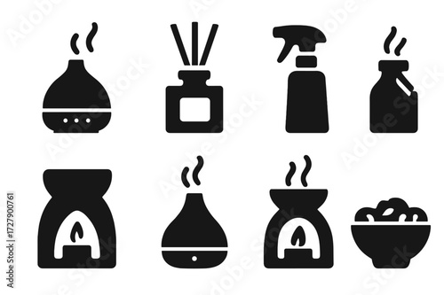 Aroma Diffuser Icons. Solid, filled icon set of aroma diffusers and devices: electric diffuser, reed diffuser, aroma lamp, spray bottle, candle warmer,