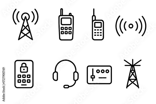 Field Communication Icons. Outline icon set of field communication: radio tower, walkie-talkie, satellite phone, signal waves, encryption device, headset,