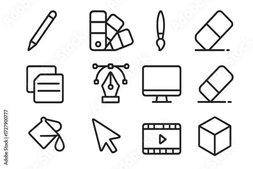 Digital Art Tools Icons. Digital illustration. Line icon set of digital illustration: stylus pen, graphics tablet, color palette, brush, layers panel, vector