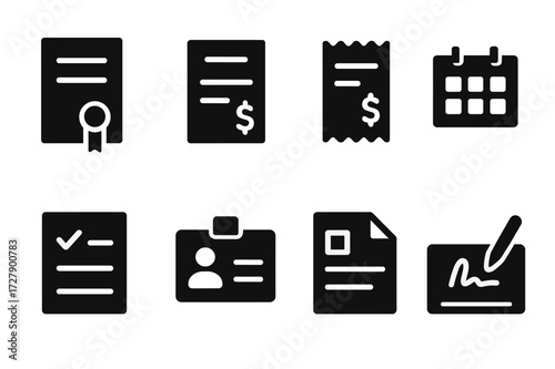 Document Icon Set. Solid, filled icon set of repo documentation: contract, invoice, receipt, checklist, ID card, calendar, report file, signature pad. [Line