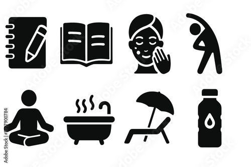 Black Self-care Icons. Solid, filled icon set of daily self-care: journaling, reading, skincare, stretching, meditation, bath, relaxation, hydration. Solid,