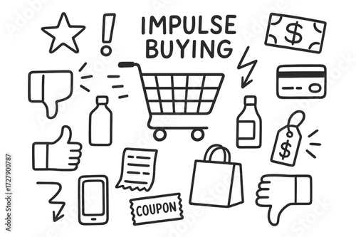 Impulse Buying Doodle. Hand-drawn doodle illustration impulse buying shopping cart, exclamation mark, star, lightning bolt, money, credit card, product box,