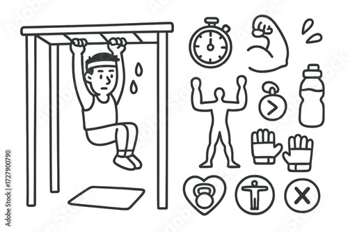 Outdoor Calisthenics Icons. Hand-drawn doodle illustration [monkey bars exercise for adults] [monkey bars, man swinging, calisthenics pose, pull-up grip, core