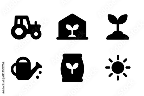 Plant-Based Farming Icons. Solid, filled icon set of plant-based farming: tractor, greenhouse, seedling, watering can, fertilizer, farm, sun, soil. Solid,