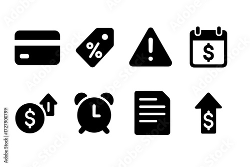 Credit Card Icon Set. Solid, filled icon set of credit card interest: credit card, APR tag, interest warning, monthly bill, finance charge, overdue clock,