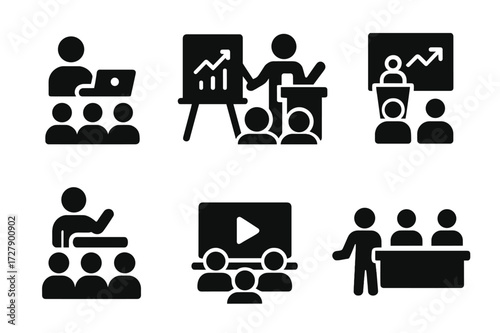 Presentation Format Icons. Solid, filled icon set of presentation formats: webinar, workshop, keynote, pitch, lecture, demo, tutorial, panel. [Solid, filled