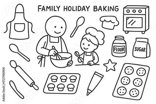 Family Holiday Baking. Hand-drawn doodle illustration Family holiday baking [parent figure, child figure, mixing bowl, whisk, rolling pin, apron, chef hat,