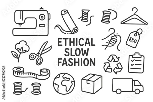 Ethical Fashion Icons. Hand-drawn doodle illustration Ethical slow fashion, sewing machine, fabric roll, scissors, thread spool, hand stitching, measuring