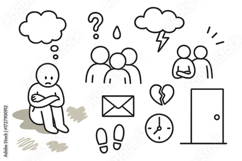 Feeling Left Out Doodles. Hand-drawn doodle illustration Feeling left out Person alone, group of people, thought bubble, cloud, shadow, question mark, tear,