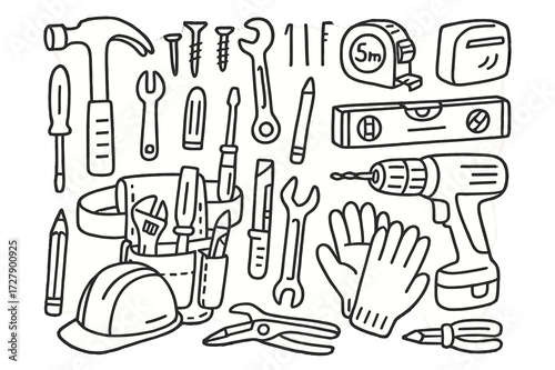 Builder's Tool Belt. Hand-drawn doodle illustration builder?s tool belt hammer, spanner, screwdriver, nails, screws, tape measure, level, wrench, gloves,