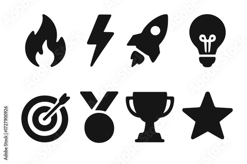Motivational Icon Set. Solid, filled icon set of team motivation: fire, lightning bolt, rocket, light bulb, bullseye, medal, trophy, star. [Line icons in only