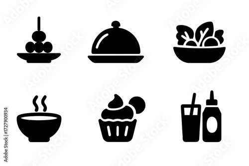 Buffet Icons Grid. Solid, filled icon set of buffet food categories: appetizers, main courses, sides, salads, soups, desserts, beverages, condiments. Solid,