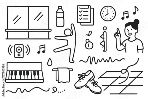 Dance Rehearsal Doodles. Hand-drawn doodle illustration dance rehearsal and training mirror, water bottle, checklist, clock, music speaker, stretching figure,
