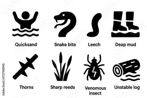 Swamp Hazard Icons. Solid, filled icon set of dangerous swamp hazards: quicksand, snake bite, leech, deep mud, thorns, sharp reeds, venomous insect, unstable