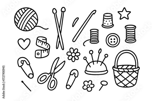 Basic Knitting Tools. Hand-drawn doodle illustration Basic knitting tools [yarn ball, knitting needles, crochet hook, scissors, measuring tape, thimble, spool,