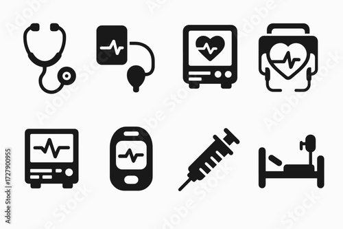 Heartbeat Device Icons. Solid, filled icon set of heartbeat medical devices: stethoscope, blood pressure cuff, heart monitor, defibrillator, ECG machine, pulse