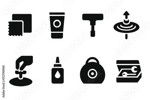 Cymbal Maintenance Icons. Solid, filled icon set of ride cymbal maintenance: cleaning cloth, polishing paste, tuning key, cymbal adjustment, screw tightening,