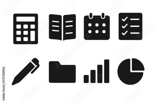Account Management Icons. Solid, filled icon set of account management tools: calculator, ledger, calendar, checklist, pen, file folder, graph, pie chart.