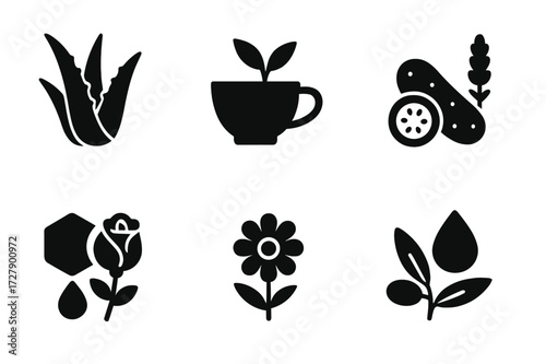 Natural Ingredients Icons. Solid, filled icon set of rejuvenation natural ingredients: aloe vera, green tea, cucumber, lavender, honey, rose, chamomile, jojoba