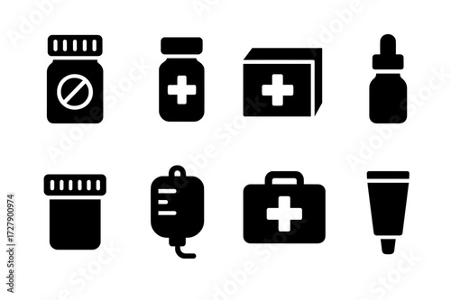 Black Medical Icons. Solid, filled icon set of medical containers: pill bottle, syringe vial, medicine box, dropper bottle, specimen jar, IV bag, first aid