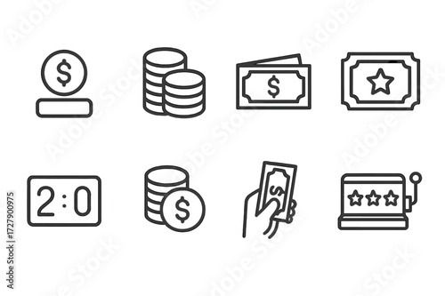 Betting Icons Set. Outline icon set of betting stakes: bet amount, chips stack, dollar bills, winning ticket, scoreboard, coins, cash hand, jackpot. Line icons