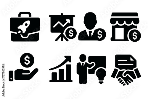Business Loan Icons. Solid, filled icon set of business loans: startup briefcase, funding chart, investor icon, small business storefront, financial backing,
