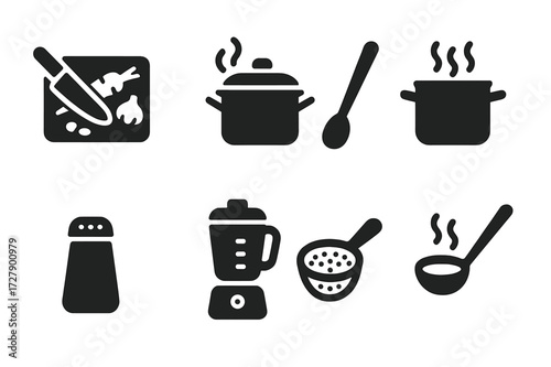 Soup Icons Set. Solid, filled icon set of soup preparation: chopping vegetables, boiling pot, stirring spoon, simmering pot, seasoning shaker, blender,