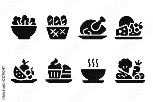 Buffet Icon Grid. Solid, filled icon set of buffet foods: salad bowl, bread basket, cheese platter, roasted chicken, fruit tray, dessert plate, soup bowl,